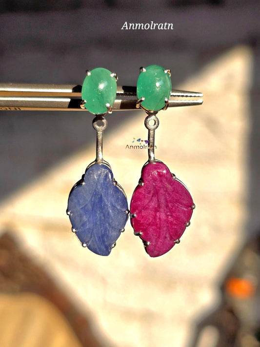 Emerald Ruby Earring, Multi Gemstone Earring, Gemstone Danglers, Emerald Sapphire Ruby Earring, Detachable Stud Earring, Long Earrings Women