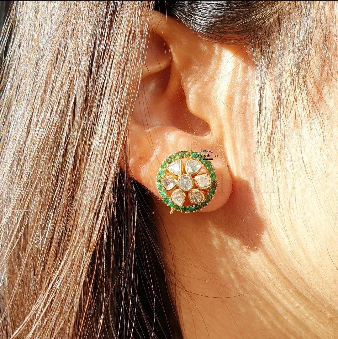18k Emerald Diamond Earrings, Round Emerald Stud Earrings, Diamond Polki Earrings, Unique Gemstone Earrings Gift For Women, Earrings For Mom