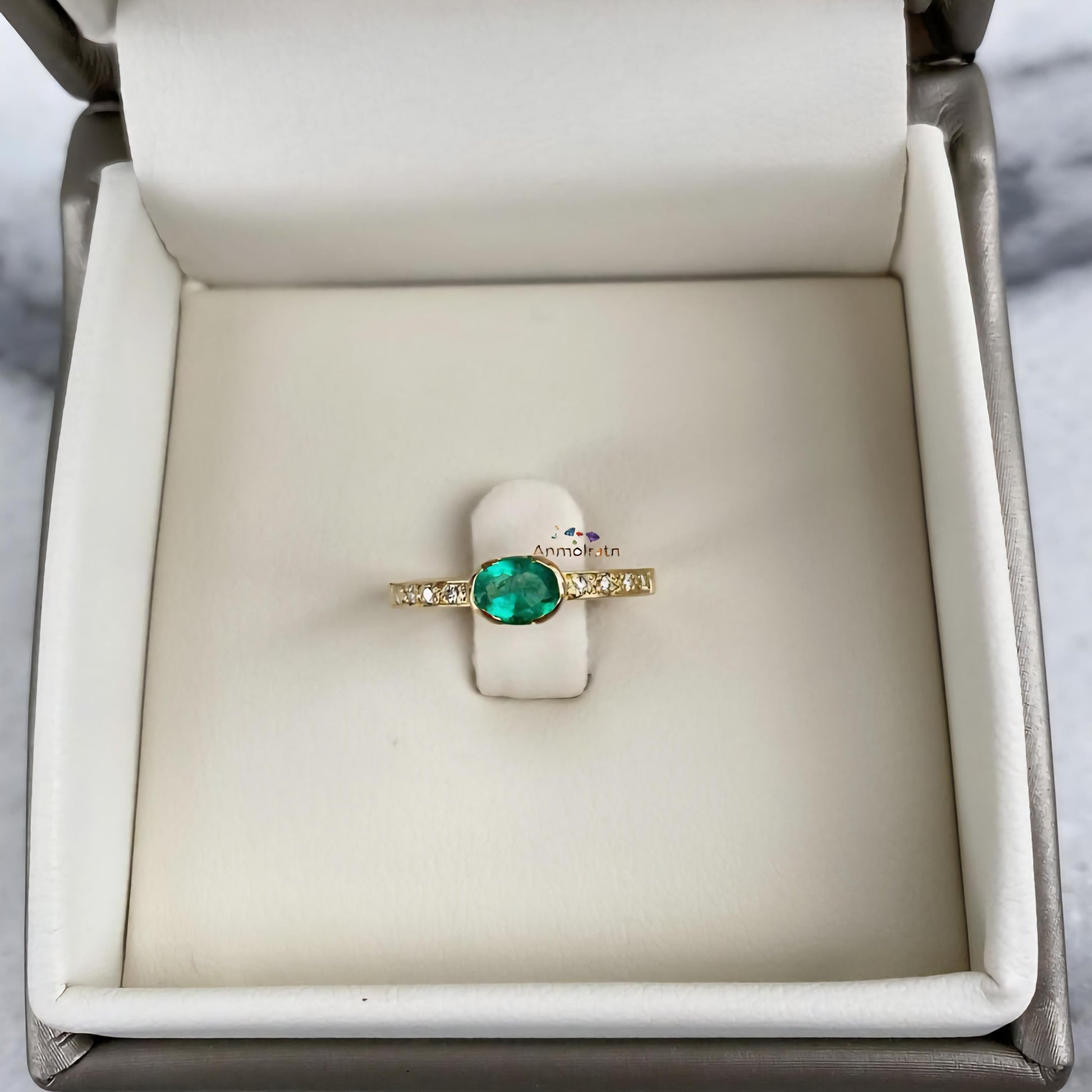 Tiny Emerald Stacking Engagement Ring, Vivid Green Natural Emerald Oval Wedding Ring, East West Bezel Set Emerald With Diamond Ring For Her