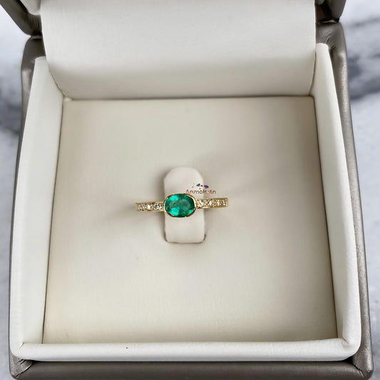 Tiny Emerald Stacking Engagement Ring, Vivid Green Natural Emerald Oval Wedding Ring, East West Bezel Set Emerald With Diamond Ring For Her