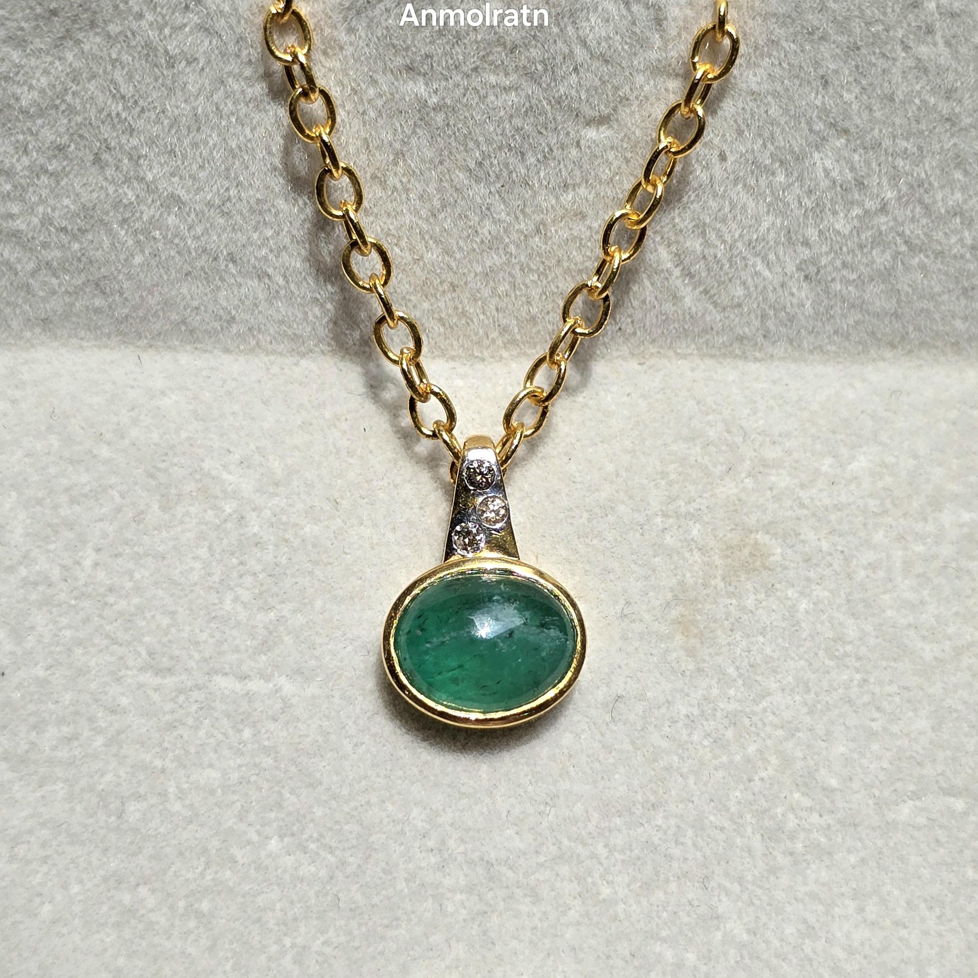 Emerald Cabochon Pendant With Diamond, Oval Emerald Solitaire Pendant Gift For Women, 3CT Natural Green Emerald Bezel Set Birthstone Pendant
