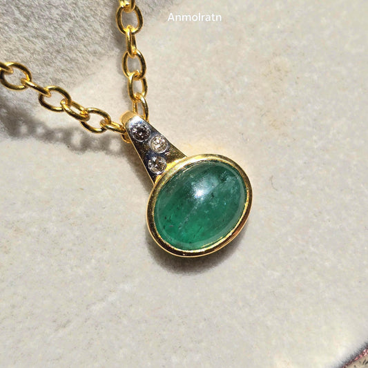 Emerald Cabochon Pendant With Diamond, Oval Emerald Solitaire Pendant Gift For Women, 3CT Natural Green Emerald Bezel Set Birthstone Pendant