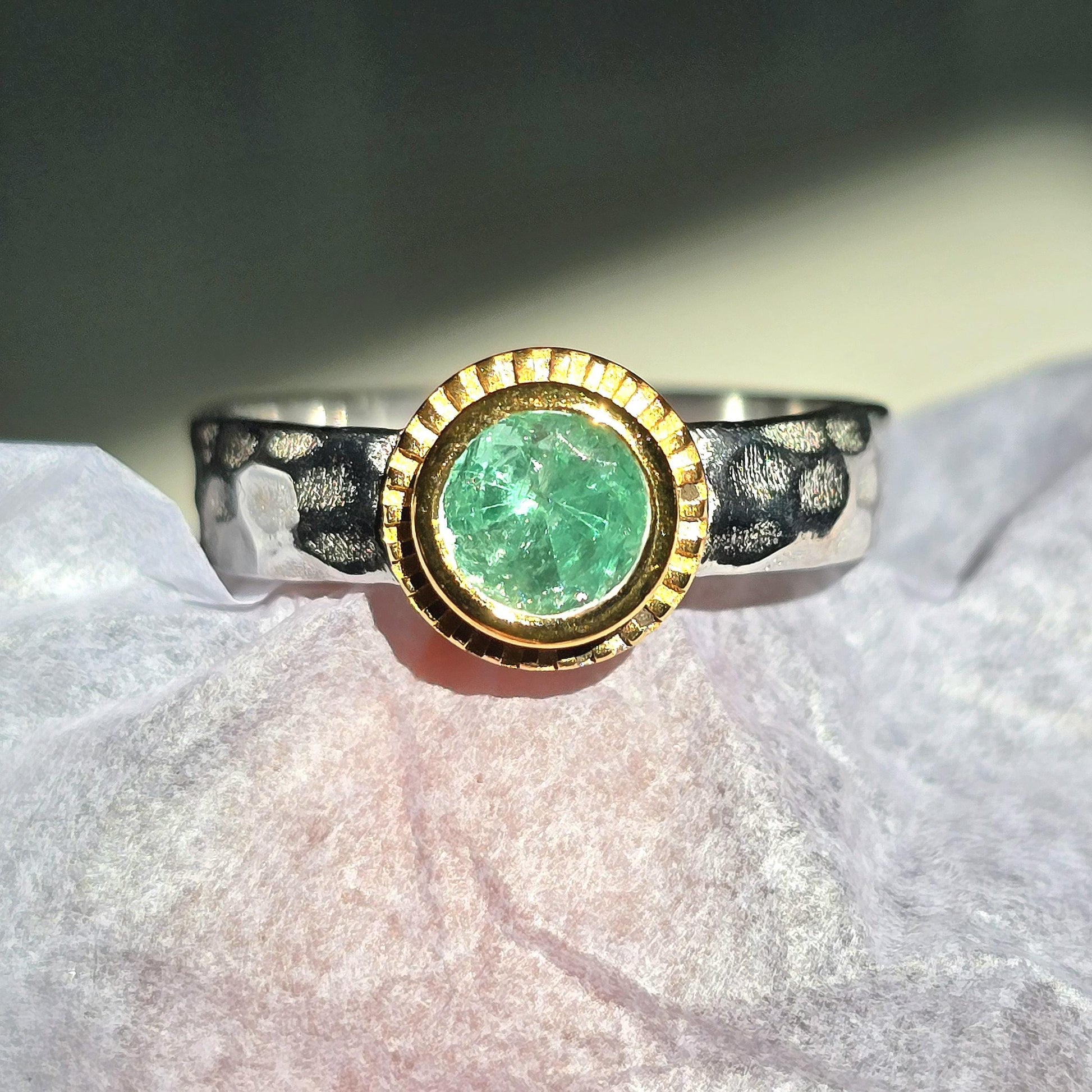 Colombian Emerald Ring 0.65Ct Emerald Solitaire Pinky Stacking Ring, Antique Emerald Silver Ring, Bezel Set Round Emerald Wedding Ring Women
