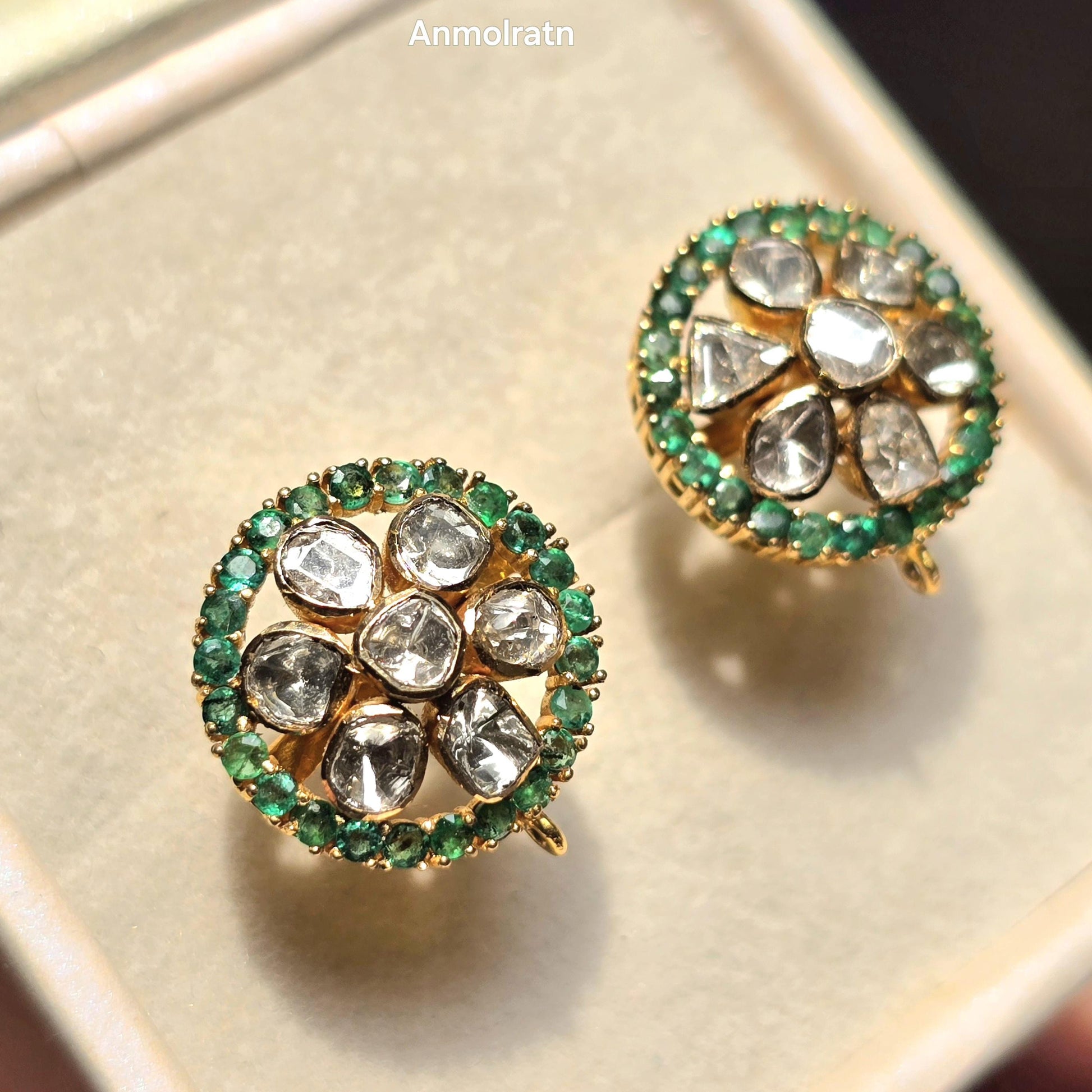 18k Emerald Diamond Earrings, Round Emerald Stud Earrings, Diamond Polki Earrings, Unique Gemstone Earrings Gift For Women, Earrings For Mom