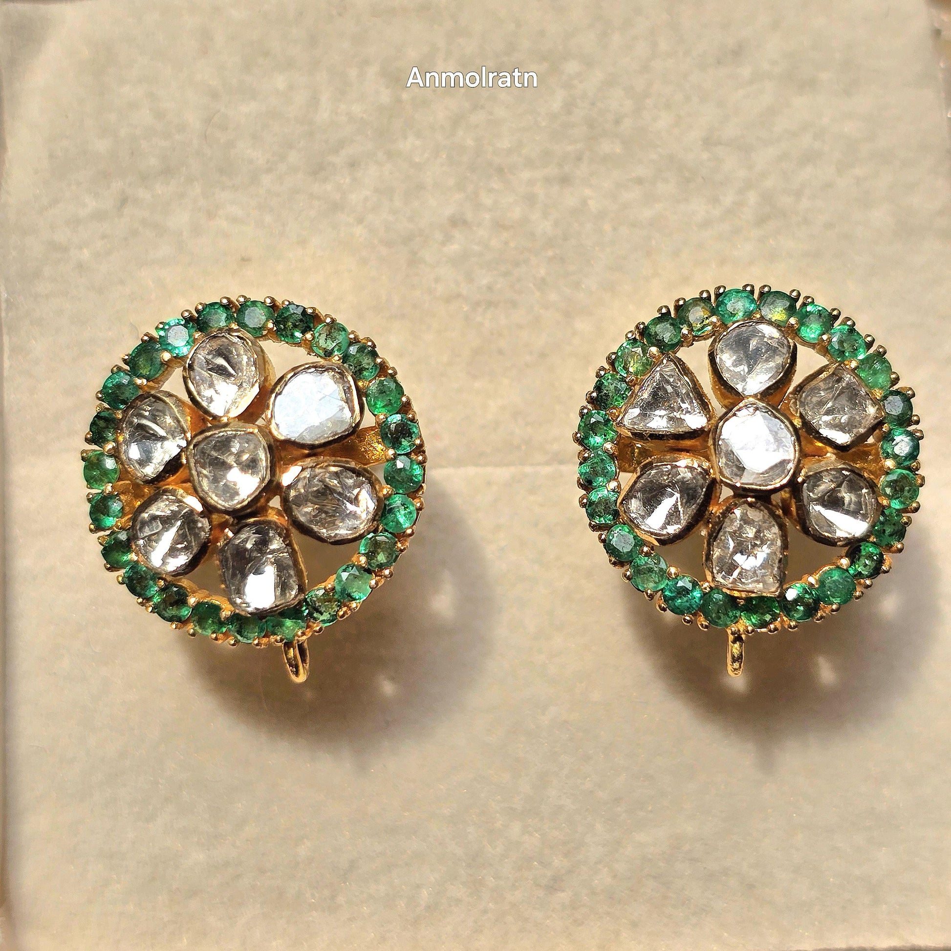18k Emerald Diamond Earrings, Round Emerald Stud Earrings, Diamond Polki Earrings, Unique Gemstone Earrings Gift For Women, Earrings For Mom