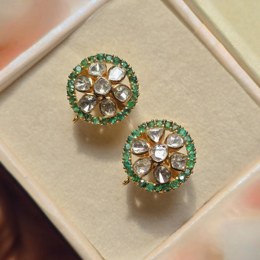 18k Emerald Diamond Earrings, Round Emerald Stud Earrings, Diamond Polki Earrings, Unique Gemstone Earrings Gift For Women, Earrings For Mom
