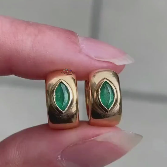 Emerald Hoop Earrings, Tiny Emerald Gold Hoops, Emerald Bali, Marquise Emerald Dainty Earrings Gift For Her, 14k Natural Emerald Earrings