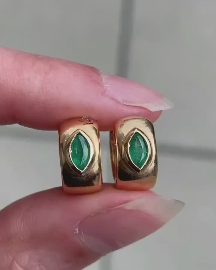 Emerald Hoop Earrings, Tiny Emerald Gold Hoops, Emerald Bali, Marquise Emerald Dainty Earrings Gift For Her, 14k Natural Emerald Earrings