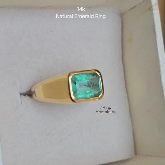 Vivid Green Natural Emerald Gold Ring 2.15Ct Solitaire Emerald Ring Dainty Emerald Birthstone Ring Octagon Emerald Cut Bezel Set Ring Gift