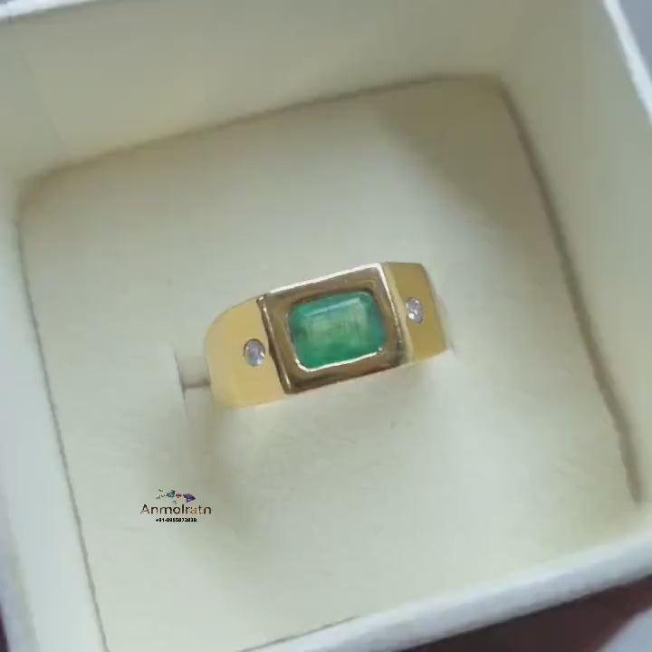 Vintage Emerald Octagon Ring, Untreated Green Emerald Gypsy Ring, Natural Emerald Cut Gold Ring, Emerald Birthstone Ring For Men & Women