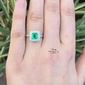 Vintage Emerald Ring For Women, Emerald Cut Wedding Ring, 14k Gold Vivid Emerald Octagon With Diamond Ring Bezel Set Emerald Stacking Ring