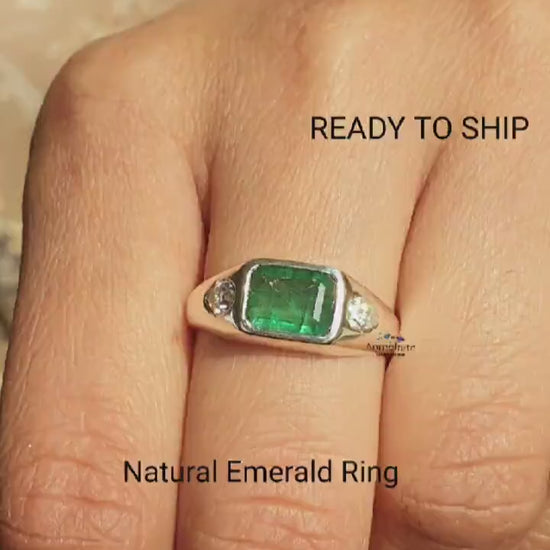 Vintage Emerald Ring, Green Emerald Cut Silver Ring, East West Set Emerald Octagon Solitaire Ring, Three Stone Emerald Signet Ring For Women