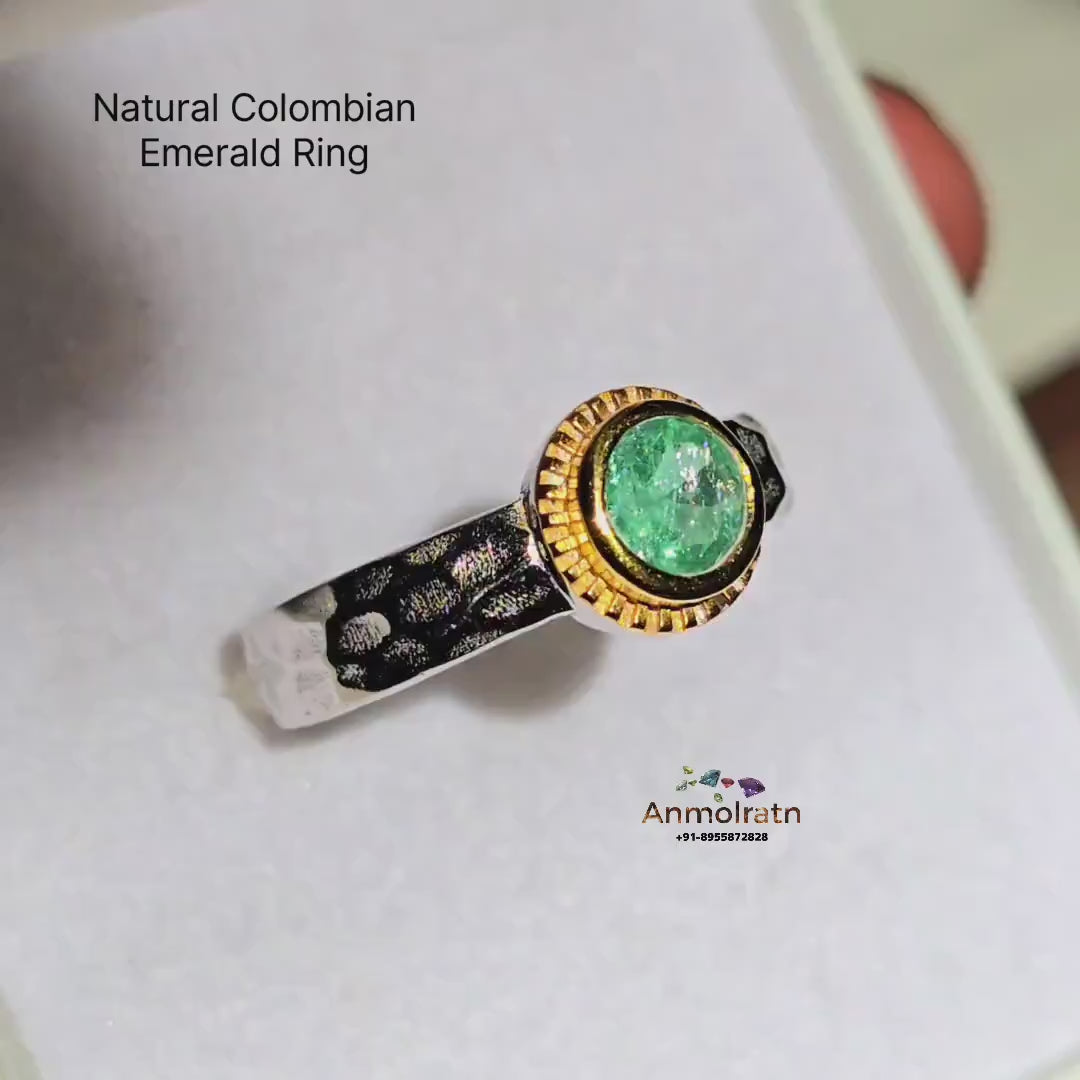 Colombian Emerald Ring 0.65Ct Emerald Solitaire Pinky Stacking Ring, Antique Emerald Silver Ring, Bezel Set Round Emerald Wedding Ring Women