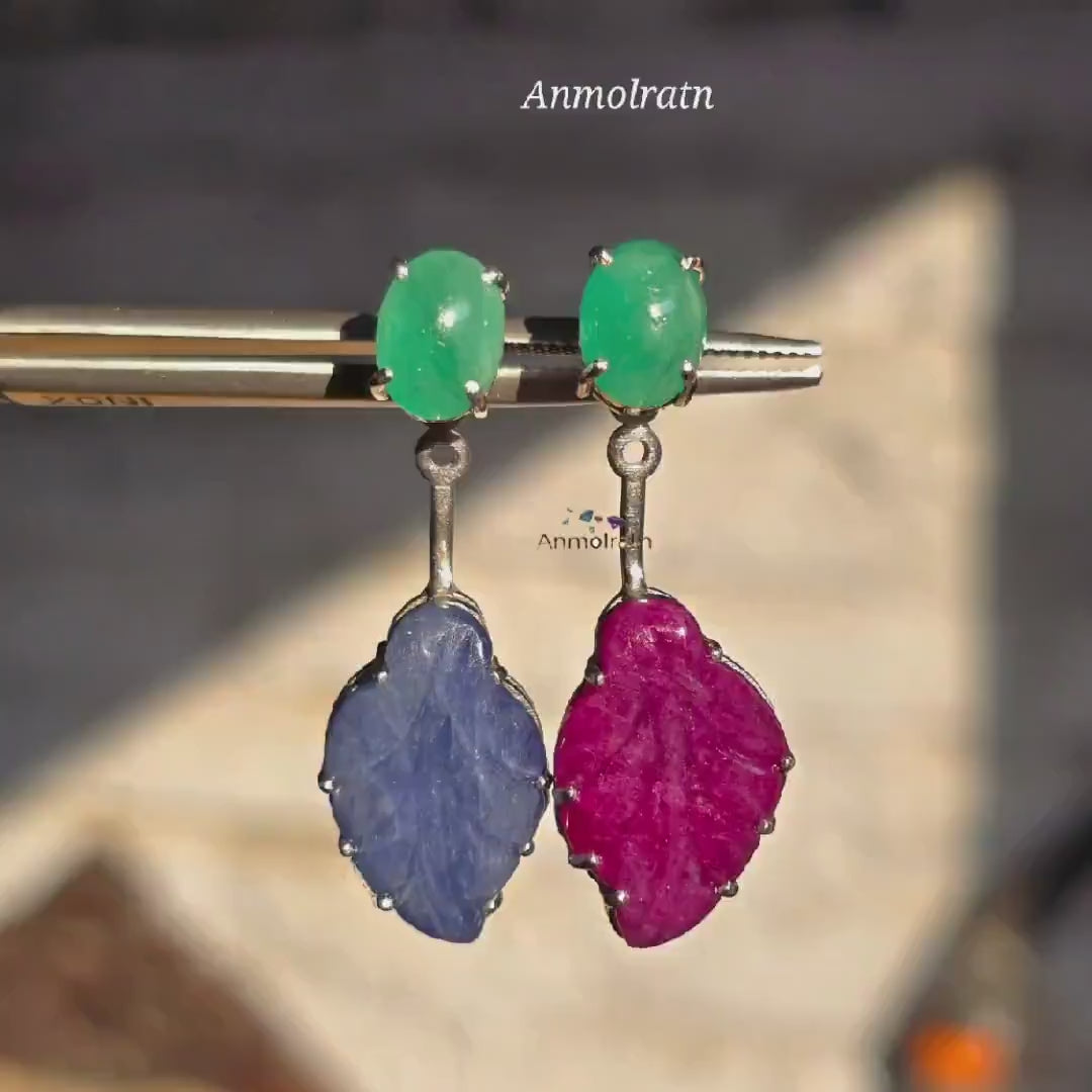 Emerald Ruby Earring, Multi Gemstone Earring, Gemstone Danglers, Emerald Sapphire Ruby Earring, Detachable Stud Earring, Long Earrings Women