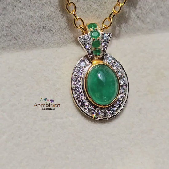Emerald Cabochon Pendant For Men & Women, Oval Emerald Cluster Pendant Gift For Her, 4CT Emerald Solitaire Birthstone Dainty Pendant Silver