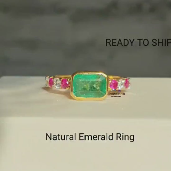 Emerald Cut Stacking Ring For Women, East West Bezel Set Green Emerald Solitaire Dainty Ring, Simple Emerald Octagon Silver Ring For Her