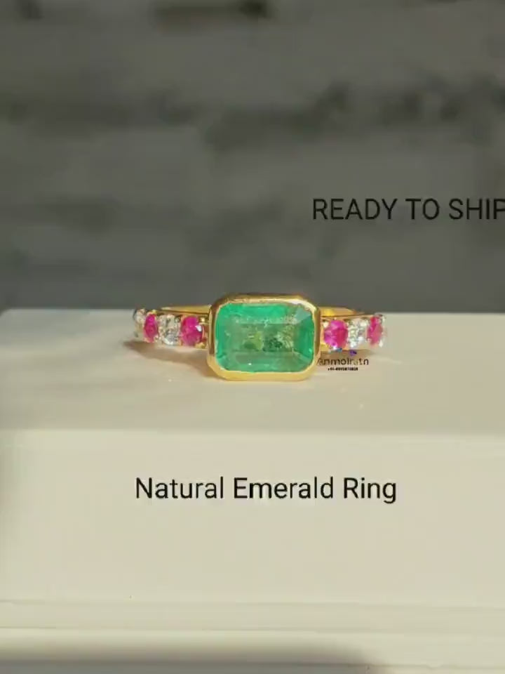 Emerald Cut Stacking Ring For Women, East West Bezel Set Green Emerald Solitaire Dainty Ring, Simple Emerald Octagon Silver Ring For Her