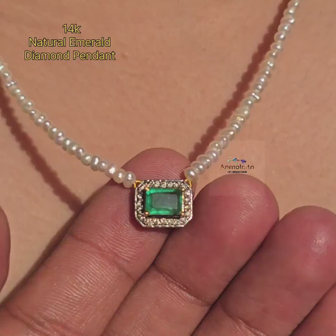 Emerald Cut Pendant For Women, Bright Green Emerald Cluster Solitaire Pendant, 14k Dainty Emerald Diamond Halo Pendant Necklace Gift For Her