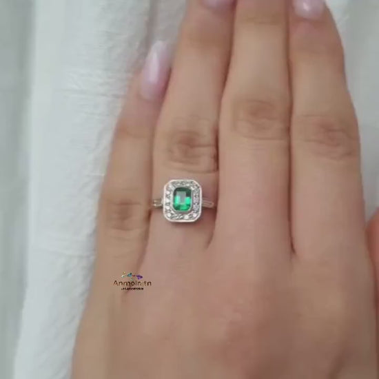 Emerald Cluster Wedding Ring, High Quality Emerald Cut Engagement ring For Women, 14k Bezel Set Natural Emerald Octagon Ring Gift For Her,