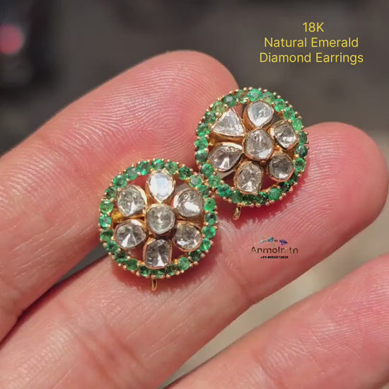 18k Emerald Diamond Earrings, Round Emerald Stud Earrings, Diamond Polki Earrings, Unique Gemstone Earrings Gift For Women, Earrings For Mom
