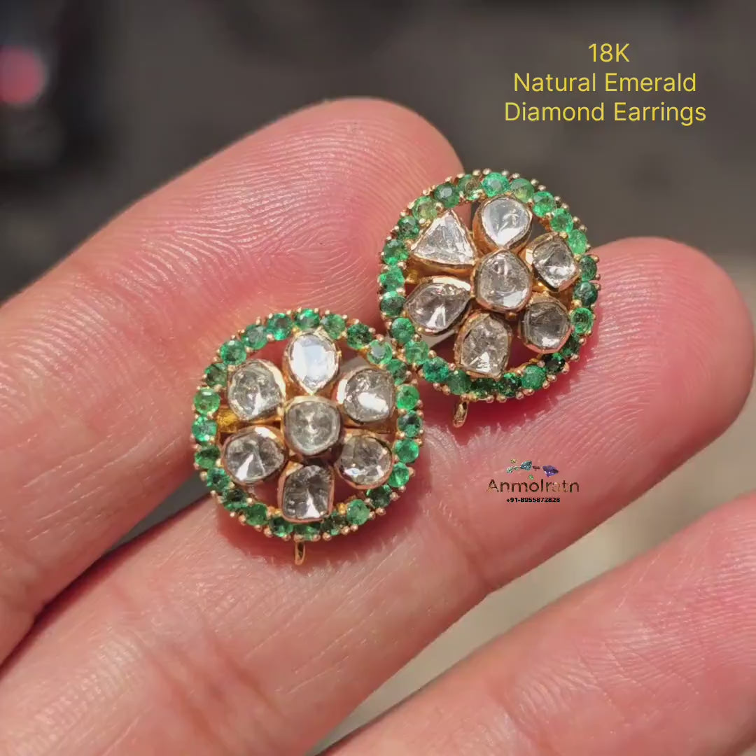 18k Emerald Diamond Earrings, Round Emerald Stud Earrings, Diamond Polki Earrings, Unique Gemstone Earrings Gift For Women, Earrings For Mom