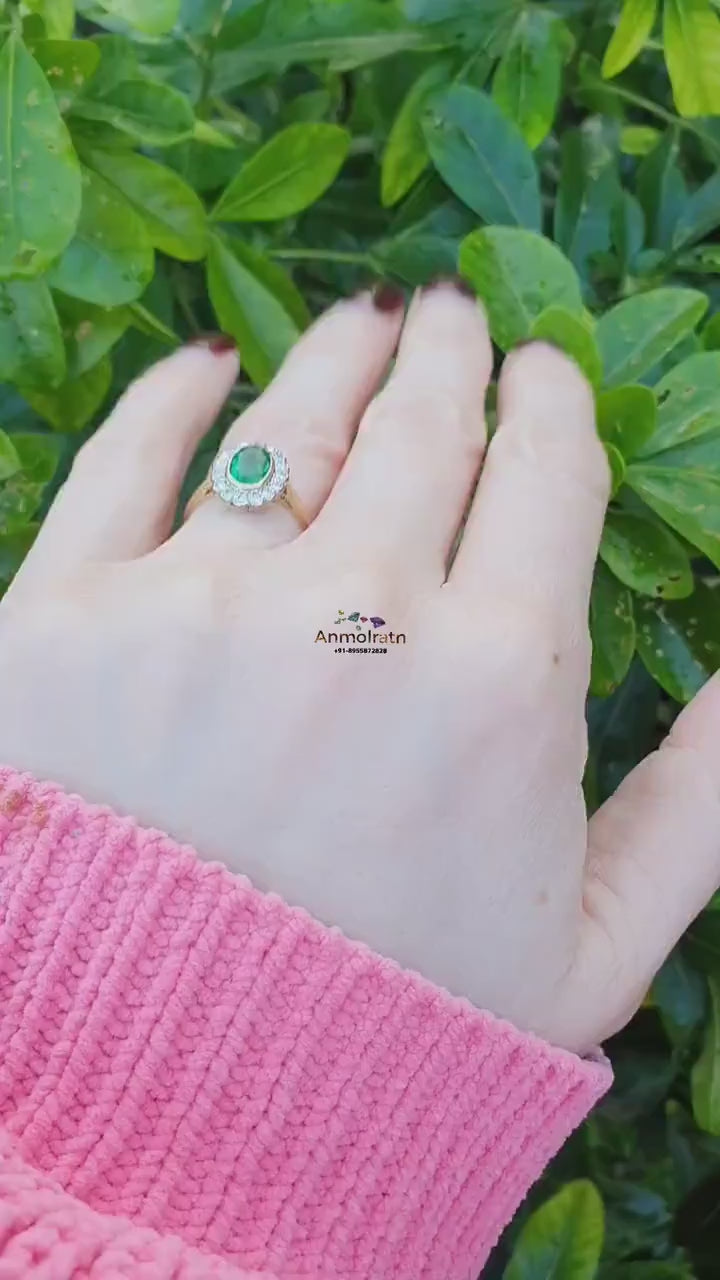 Vintage Emerald Ring With Diamond in 14k Gold, Certified Deep Green Emerald Bezel Set Stacking Ring For Women, AAA Oval Emerald Wedding Ring