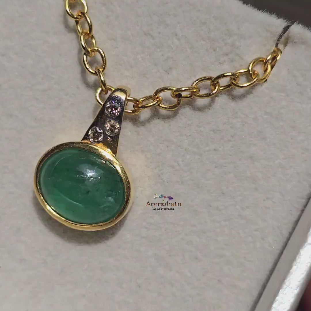 Emerald Cabochon Pendant With Diamond, Oval Emerald Solitaire Pendant Gift For Women, 3CT Natural Green Emerald Bezel Set Birthstone Pendant