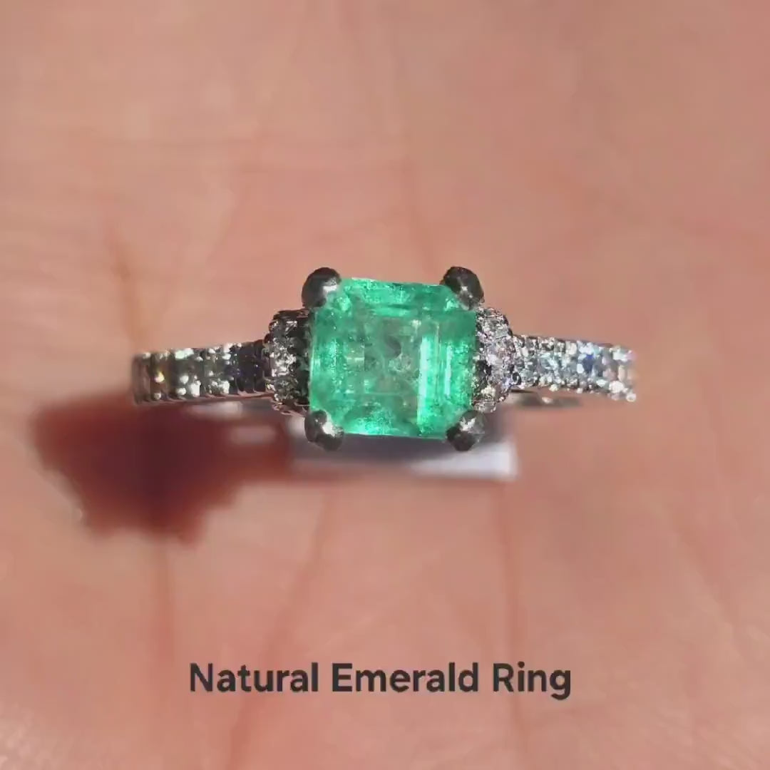 Pinky Emerald Wedding Ring For Women, Bright Green Natural Emerald Cut Solitaire Stacking Ring, Square Cut Emerald Octagon Silver Ring Gift
