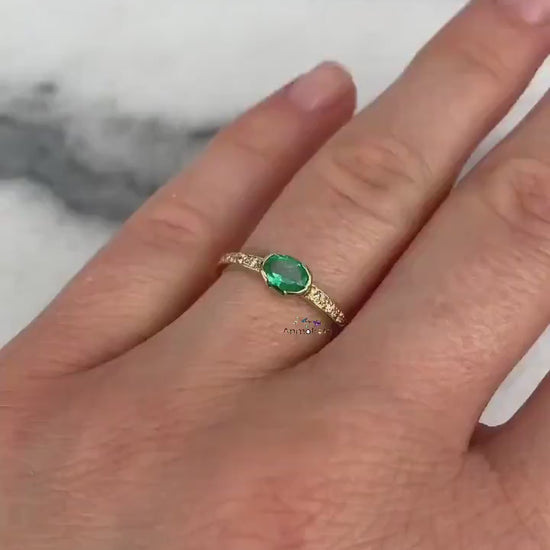 Tiny Emerald Stacking Engagement Ring, Vivid Green Natural Emerald Oval Wedding Ring, East West Bezel Set Emerald With Diamond Ring For Her