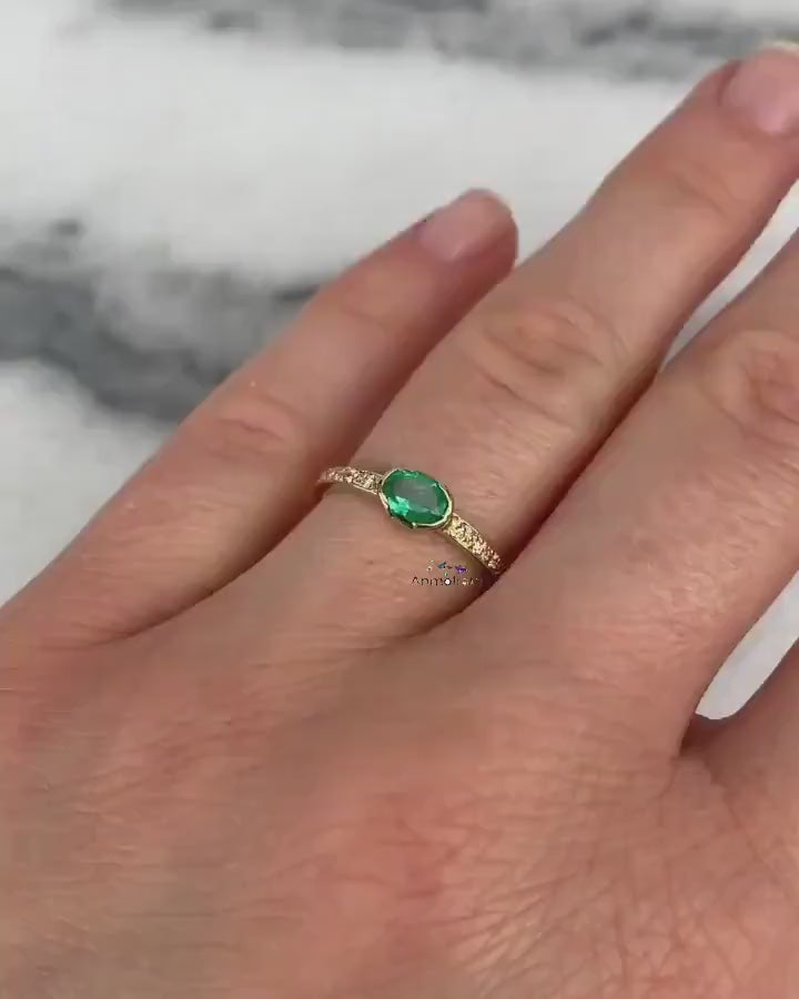 Tiny Emerald Stacking Engagement Ring, Vivid Green Natural Emerald Oval Wedding Ring, East West Bezel Set Emerald With Diamond Ring For Her