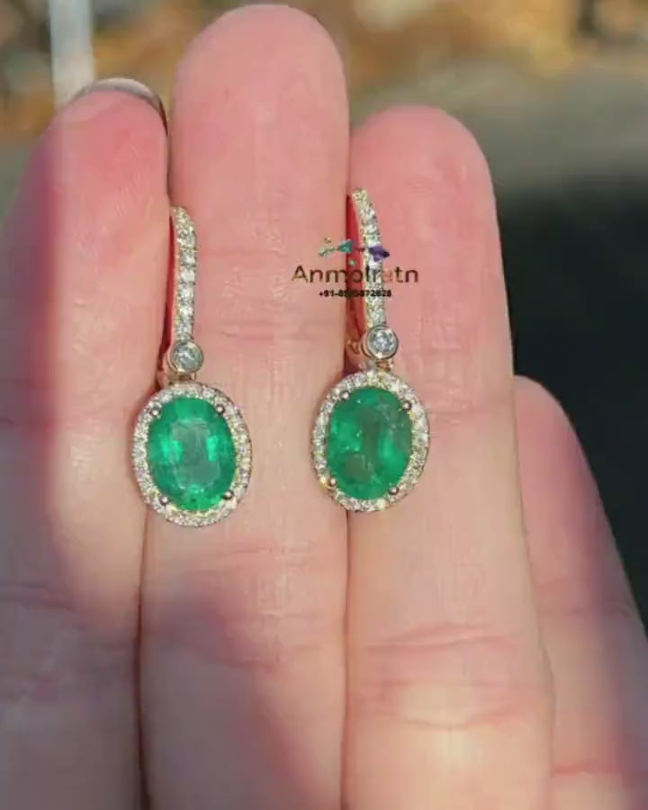 14k Emerald And Diamond Earrings, Natural Emerald Oval Long Earring Danglers Vivid Green Emerald Halo Earring Tiny Emerald Hoop Earring Gift